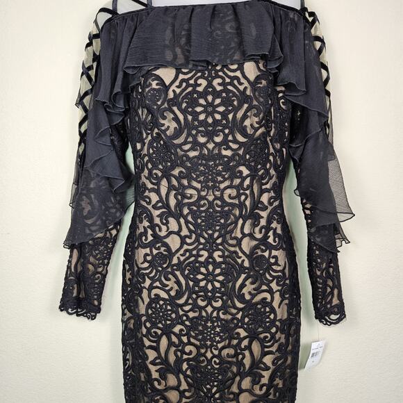 Tadashi Shoji Ada Dress Womens 10 Embroidered Lace Velvet Party Event Ruffle NEW - Picture 5 of 16